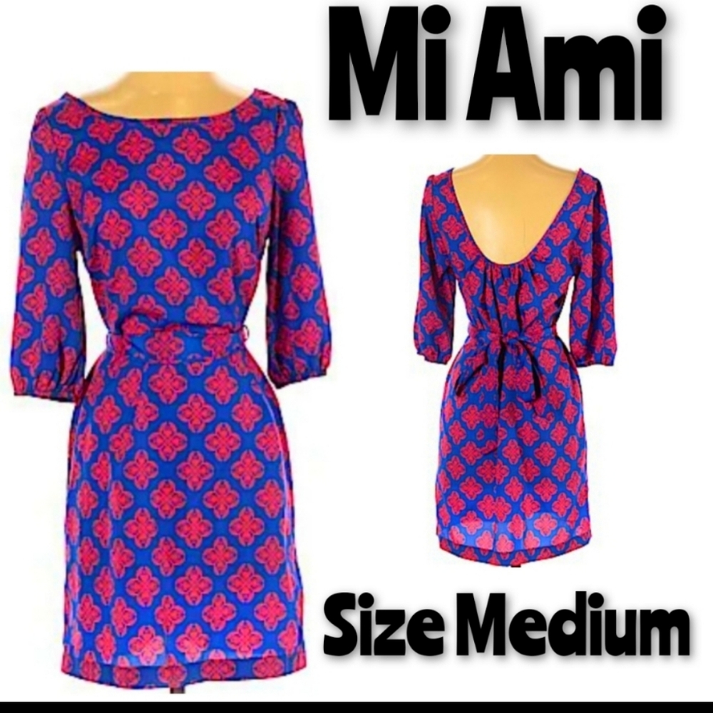 Miami Dress Belted Midi Sheath Medallion Size M